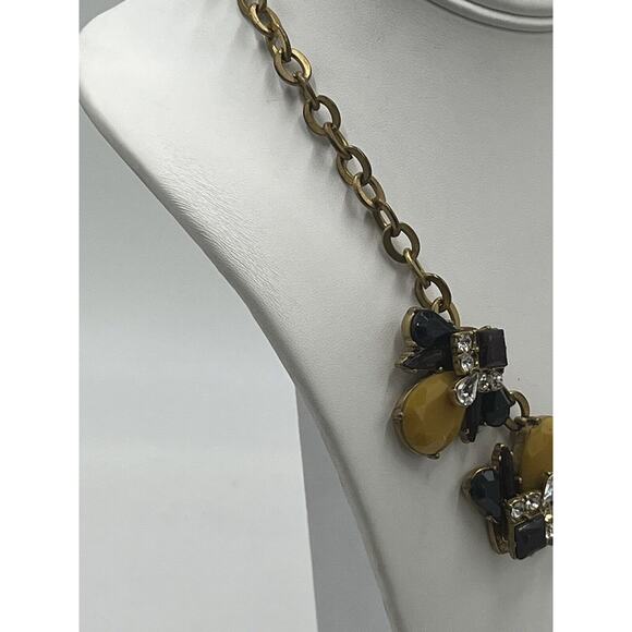 J. Crew Mustard Yellow Blue Eggplant Antique Gold Rhinestone Statement Necklace - Picture 6 of 14